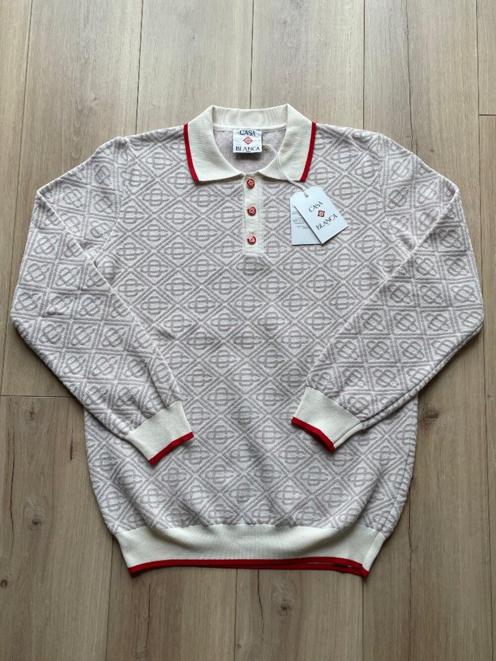 Casablanca Monogram Jacquard Knit Polo Sweater Beige Cream Long Sleeve Men's L